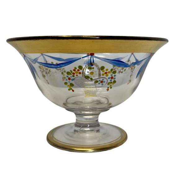 Hand-Painted Glass Compote Dish with Floral and Gold Accents, European Style - Picture 3 of 6